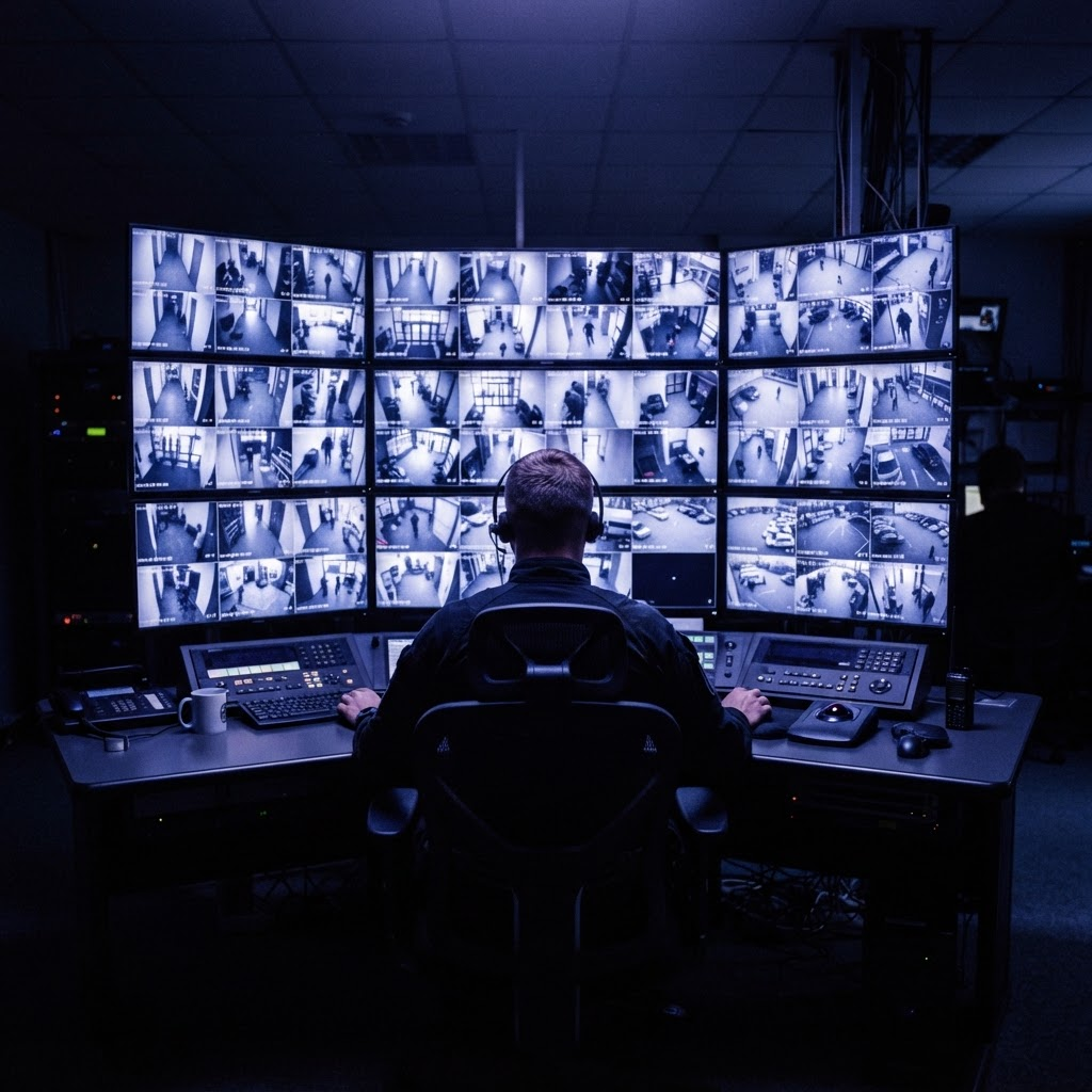 Security operator monitoring a wall of CCTV camera feeds