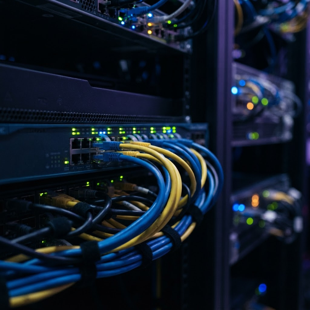 Network router switch with ethernet cables and indicator lights